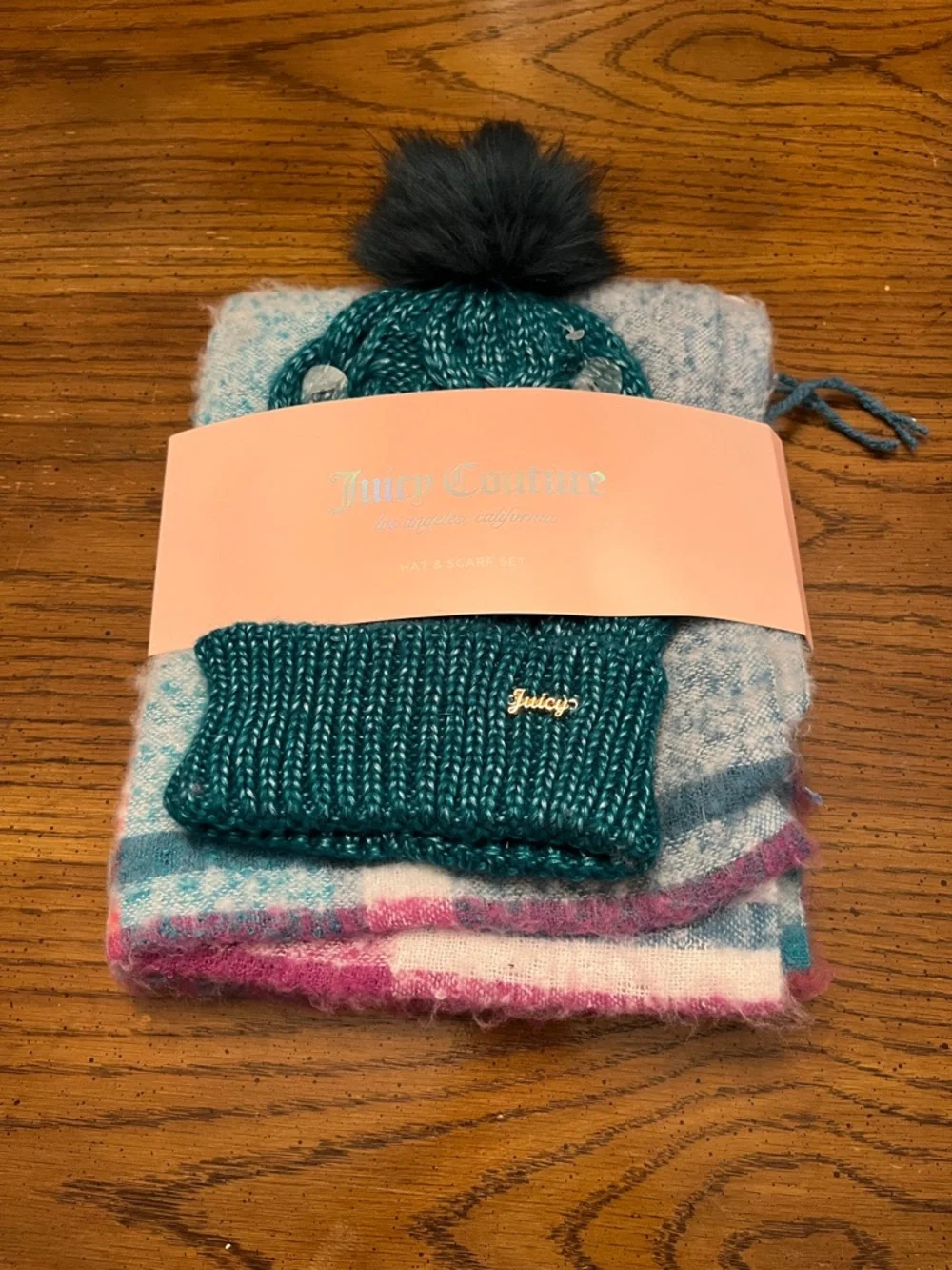 Juicy Couture Teal Knit Pom Hat‎ with Pastel Multicolor Scarf, new